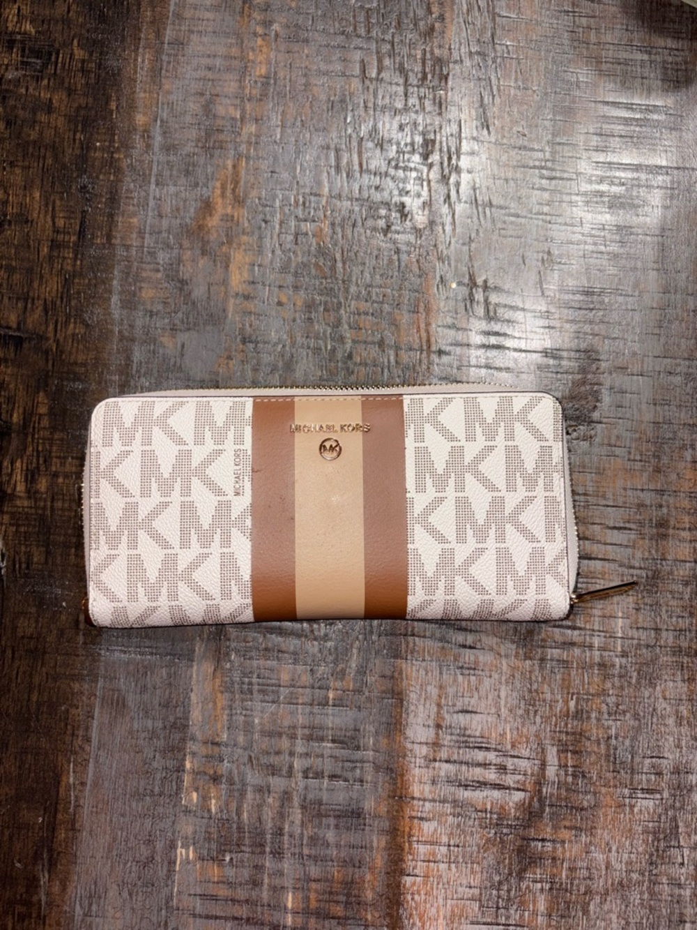 Michael Kors Beige & Brown Zip Wallet with Gold Hardware